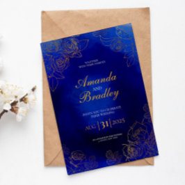 ブルー王室のバラファンシー金ゴールドレースQRコード結婚s 招待状