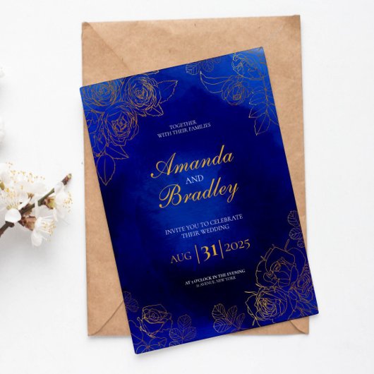 ブルー王室のバラファンシー金ゴールドレースQRコード結婚s 招待状