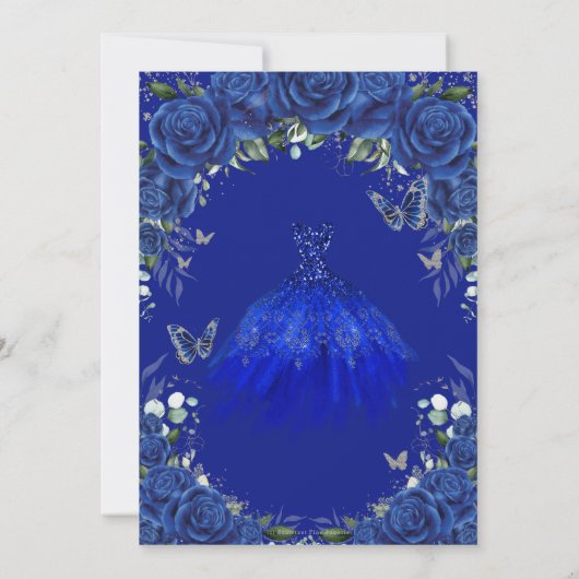 ブルー王室のバラフローラドレスキンセアニラシルバー 招待状 (裏面)