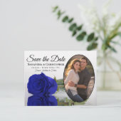 ブルー王室のバラ楕円形フォトウェディング日付を保存 案内ポストカード (スタンド正面)