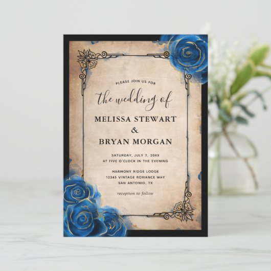 ブルー王室のバラ金ゴールドブラックヴィンテージエレガントな結婚式 招待状 (スタンド正面)