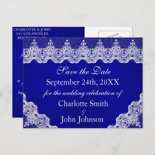 ブルー王室のパーソナライズされたコバルトレース日付を保存 案内ポストカード (正面/裏面)