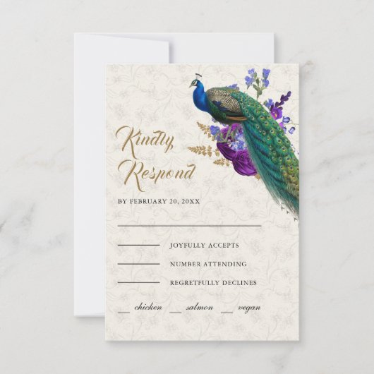 ブルー王室のパープルフローラインディアンピーコッ結婚クス 出欠カード (正面)