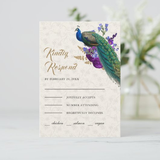 ブルー王室のパープルフローラインディアンピーコッ結婚クス 出欠カード (スタンド正面)