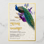 ブルー王室のパープルフローラインディアンピーコッ結婚クス 箔招待状 (正面)