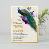 ブルー王室のパープルフローラインディアンピーコッ結婚クス 箔招待状 (立ち正面)