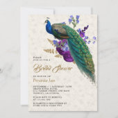ブルー王室のパープルフローラ孔雀ブライダルシャワー 招待状 (正面)