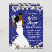 ブルー王室のパールアフリカ系アメリカブライダルシャワー 招待状 (正面/裏面)