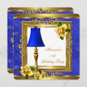 ブルー王室のパール金ゴールドイエローローズバースデーパーティー 招待状 (正面/裏面)