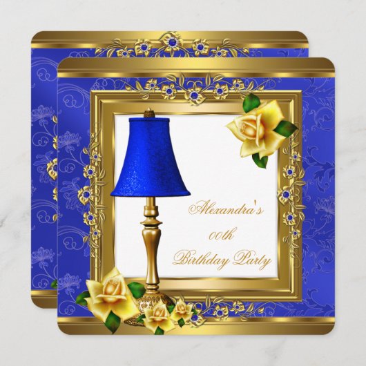 ブルー王室のパール金ゴールドイエローローズバースデーパーティー 招待状 (正面/裏面)