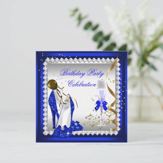 ブルー王室のヒール金ゴールドシャンパンバースデーパーティー 招待状 (スタンド正面)