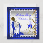 ブルー王室のヒール金ゴールドシャンパンバースデーパーティー 招待状 (正面)