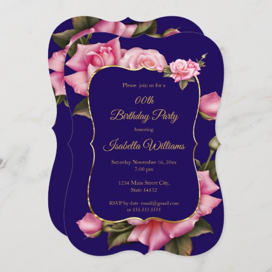 ブルー王室のピンクローズフローラ金ゴールド誕生日パーティー 招待状 (正面/裏面)