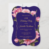 ブルー王室のピンクローズフローラ金ゴールド誕生日パーティー 招待状 (正面)
