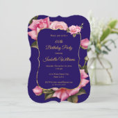 ブルー王室のピンクローズフローラ金ゴールド誕生日パーティー 招待状 (スタンド正面)