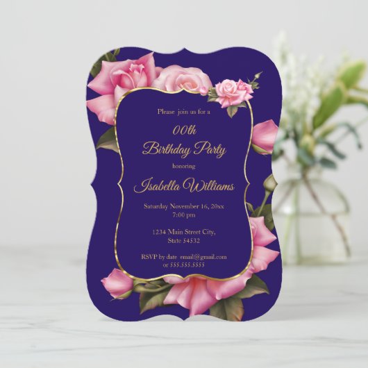 ブルー王室のピンクローズフローラ金ゴールド誕生日パーティー 招待状 (スタンド正面)