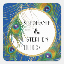 ブルー王室のピーコックフェザーw金ゴールドフェイクグリッター スクエアシール