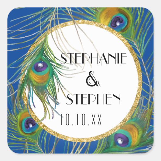 ブルー王室のピーコックフェザーw金ゴールドフェイクグリッター スクエアシール (正面)