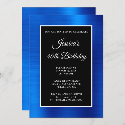 ブルー王室のフォイル黒白40歳の誕生日 招待状 (正面/裏面)