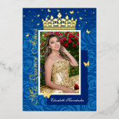 ブルー王室のフォトエレガントキンセニェラ金ゴールド 箔招待状 (正面)
