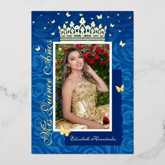 ブルー王室のフォトエレガントキンセニェラ金ゴールド 箔招待状 (正面)
