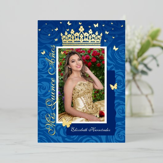 ブルー王室のフォトエレガントキンセニェラ金ゴールド 箔招待状 (立ち正面)