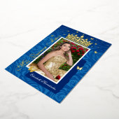 ブルー王室のフォトエレガントキンセニェラ金ゴールド 箔招待状 (回転した状態)