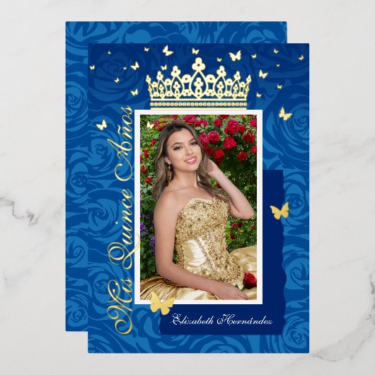 ブルー王室のフォトエレガントキンセニェラ金ゴールド 箔招待状 (正面/裏面)