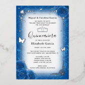 ブルー王室のフローラウォーターカラーキンセアニラシルバー 箔招待状 (正面)