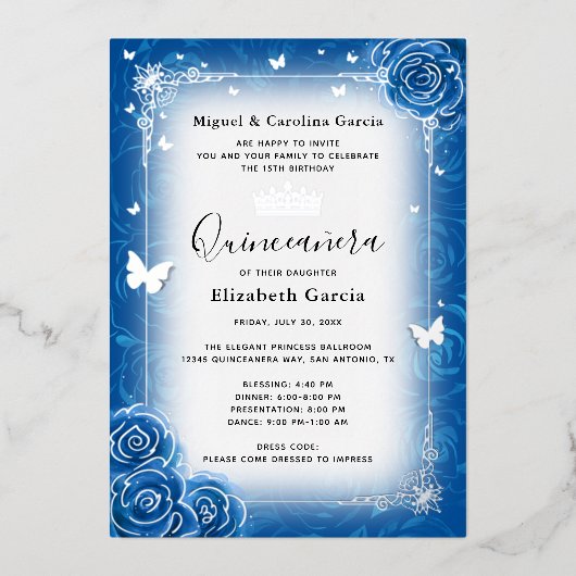 ブルー王室のフローラウォーターカラーキンセアニラシルバー 箔招待状 (正面)