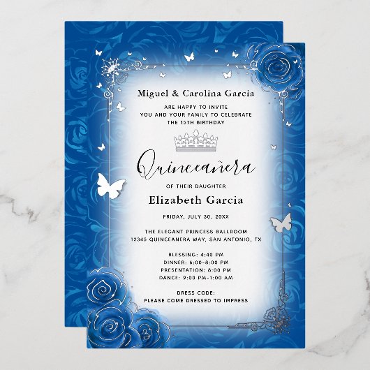 ブルー王室のフローラウォーターカラーキンセアニラシルバー 箔招待状 (正面/裏面)