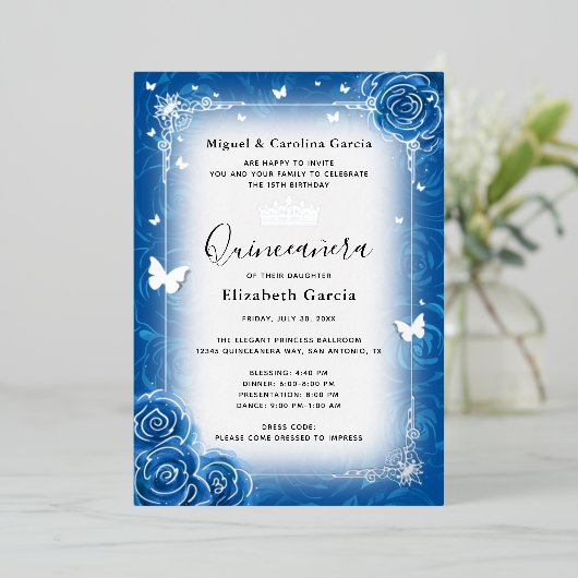 ブルー王室のフローラウォーターカラーキンセアニラシルバー 箔招待状 (立ち正面)