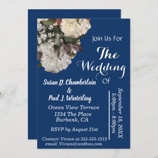 ブルー王室のフローラエレガントな結婚式 招待状 (正面/裏面)