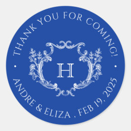 ブルー王室のフローラクレストモノグラム結婚のステッカー ラウンドシール