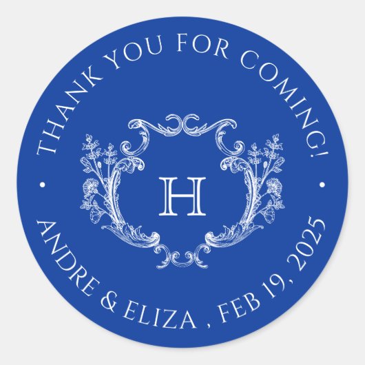 ブルー王室のフローラクレストモノグラム結婚のステッカー ラウンドシール (正面)