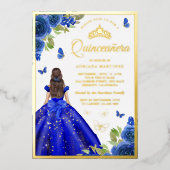 ブルー王室のフローラドレスバタフライキンセアニェラ金ゴールド 箔招待状 (正面)