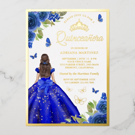 ブルー王室のフローラドレスバタフライキンセアニェラ金ゴールド 箔招待状 (正面)