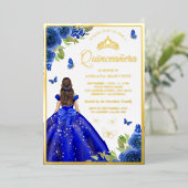 ブルー王室のフローラドレスバタフライキンセアニェラ金ゴールド 箔招待状 (立ち正面)