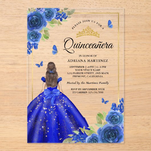 ブルー王室のフローラドレスバタフライキンセアニェラ アクリル招待状 (正面)