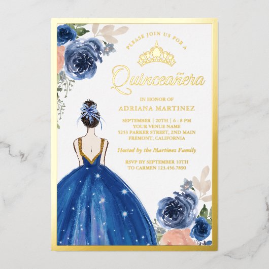 ブルー王室のフローラドレスプリンセスキンセアニェラ金ゴールド 箔招待状 (正面)