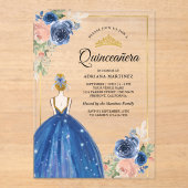 ブルー王室のフローラドレスプリンセス金ゴールドキンセアニェラ アクリル招待状 (正面)