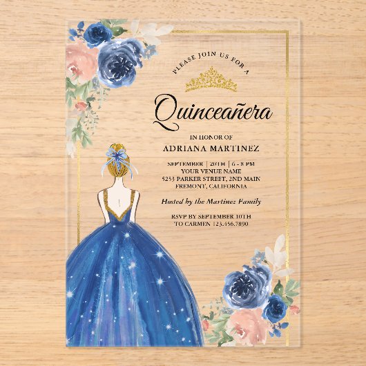 ブルー王室のフローラドレスプリンセス金ゴールドキンセアニェラ アクリル招待状 (正面)