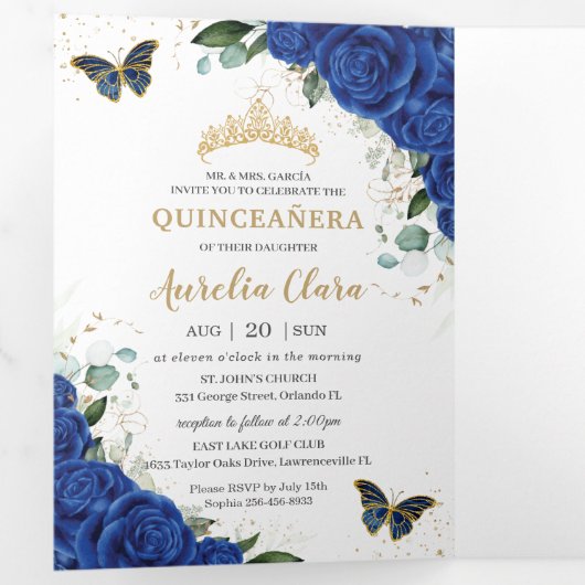 ブルー王室のフローラバタフライクインセアニラ15枚 三つ折り招待状 (内部最初)
