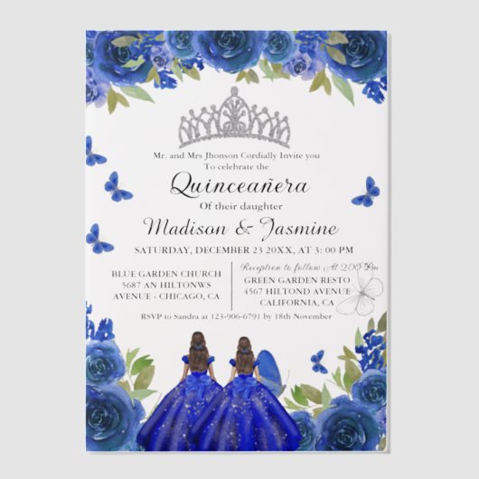 ブルー王室のフローラバタフライツインキンセアニェラ ベラム紙招待状 (正面)