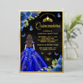 ブルー王室のフローラバタフライブラックキンセアニェラ金ゴールド 箔招待状 (立ち正面)