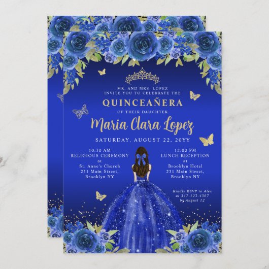ブルー王室のフローラバタフライプリンセスキンセアニェラ 招待状 (正面/裏面)