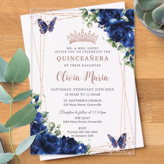 ブルー王室のフローラバラ金ゴールドキンセアニラバタフライ アクリル招待状