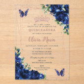 ブルー王室のフローラバラ金ゴールドキンセアニラバタフライ アクリル招待状 (正面)