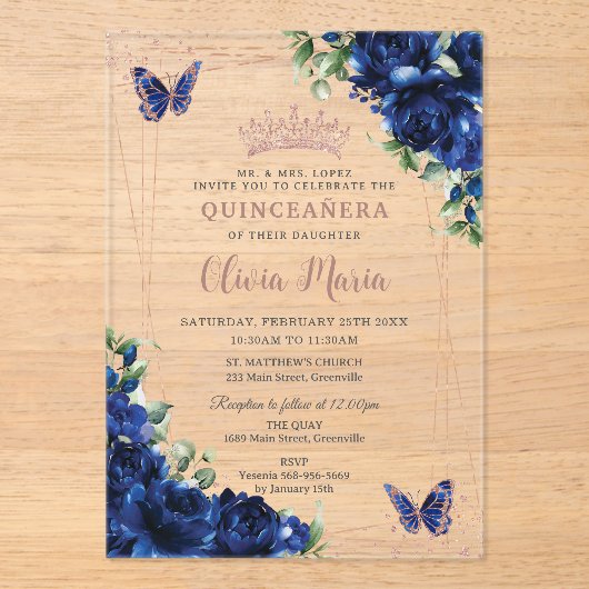 ブルー王室のフローラバラ金ゴールドキンセアニラバタフライ アクリル招待状 (正面)