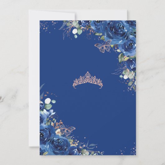 ブルー王室のフローラバラ金ゴールドキンセアニラ誕生日 招待状 (裏面)